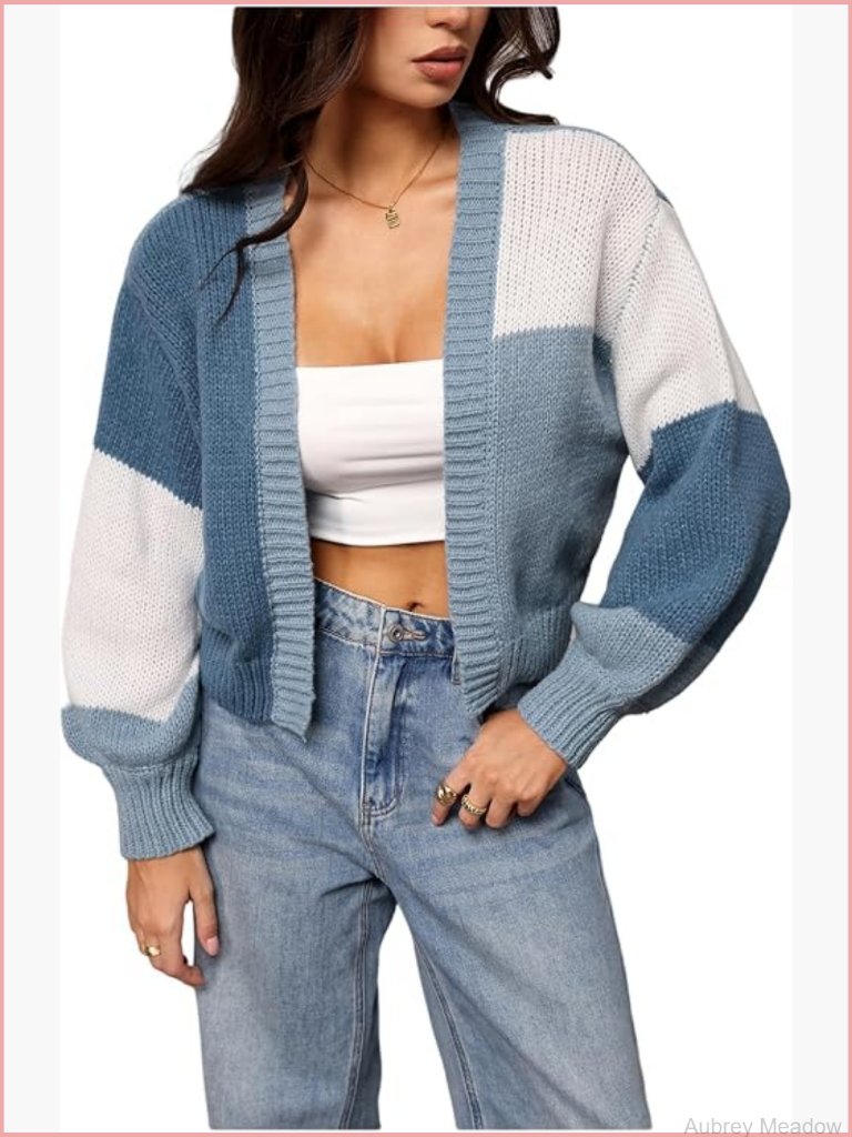 Open Front Color Block Cardigan Long Sleeve Cropped Knit Sweater